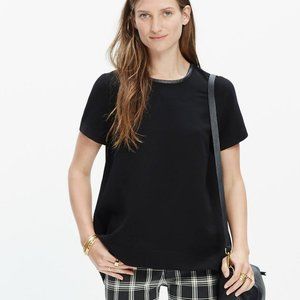 Madewell Small Black High-lo Leather Trim Women's Short Sleeve Crepe Blouse EUC